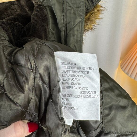 VTG Y2K Miss Sixty Faux Fur Hood Olive Green Quilted Parka sz Small - Picture 16 of 16